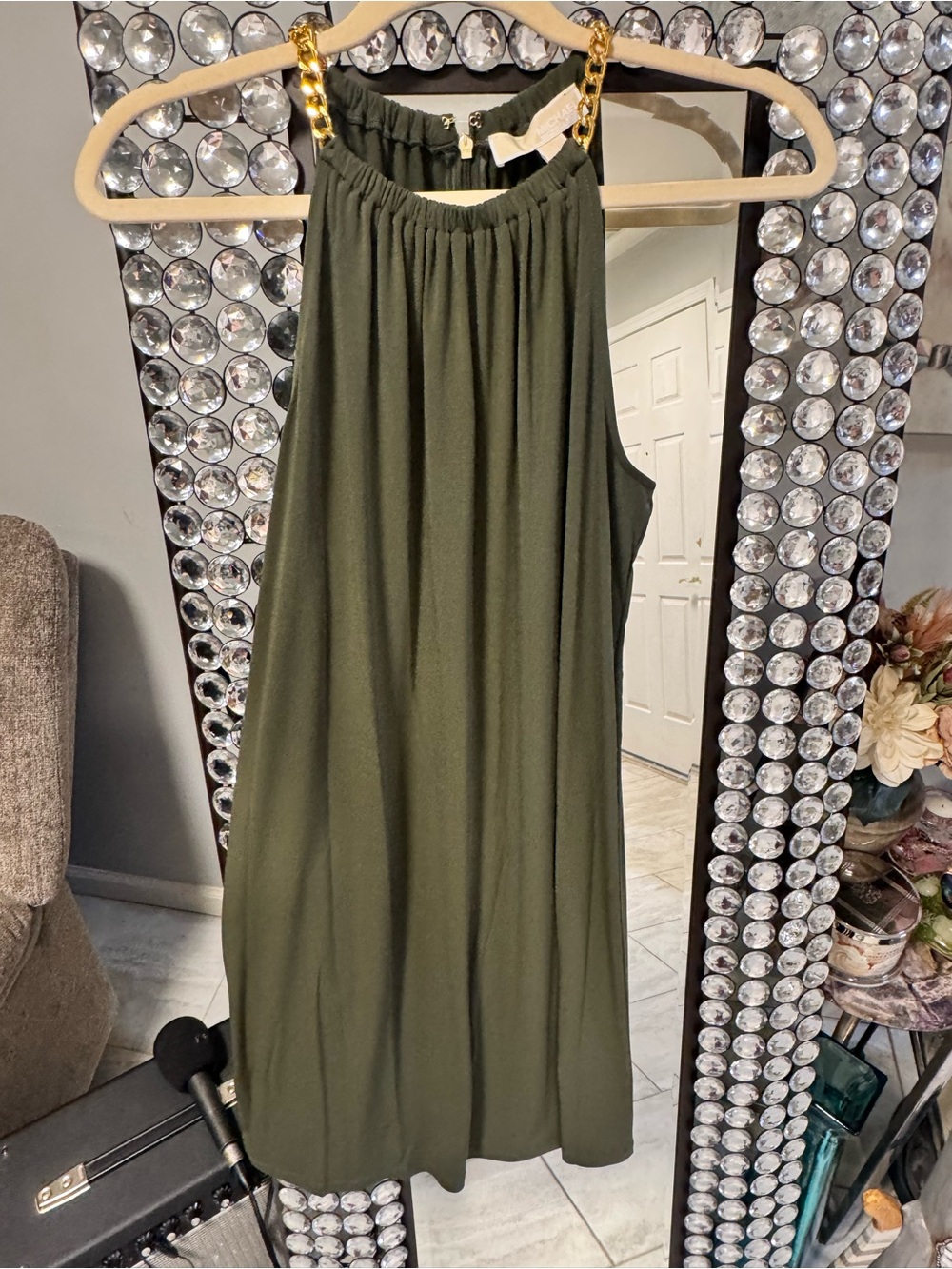 Michael Kors Olive Green Midi Dress with Gold Chain Straps